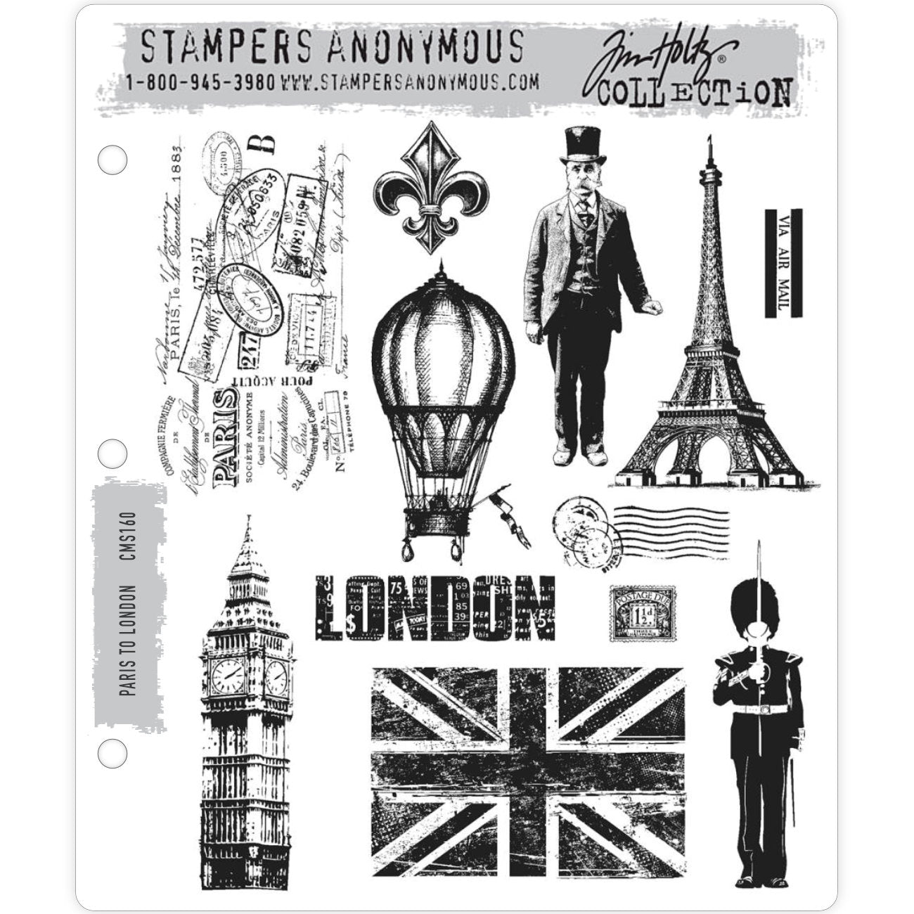 Paris to London ... 12 (twelve) red rubber stamps by Tim Holtz and Stampers Anonymous (CMS160) with postmarks, icons, word 'London' in uppercase collaged lettering, Eiffel Tower, Big Ben, vintage hot air balloon, guard, flag and more.
