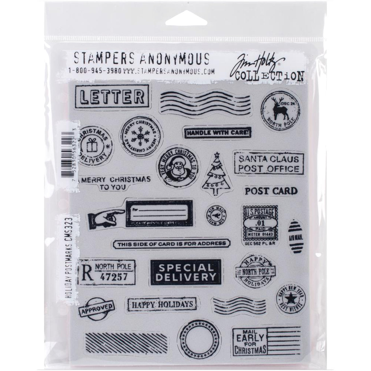 photo of Holiday Postmarks ... stamp set by Tim Holtz - 26 (twenty six) cling mounted red rubber stamps (CMS323). A wonderful collection of vintage inspired postmarks, stamps, labels, a pointing hand, Christmas tree, round label with the North Pole and reindeer, oval marks, rectangle banners and much more. Designed by Tim Holtz, made by Stampers Anonymous.