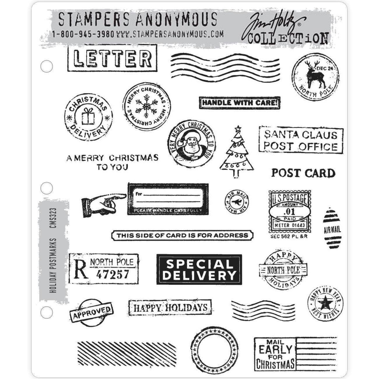 Holiday Postmarks ... stamp set by Tim Holtz and Stampers Anonymous - 26 (twenty six) cling mounted red rubber stamps (CMS323). A wonderful collection of vintage inspired postmarks, stamps, labels, a pointing hand, Christmas tree, round label with the North Pole and reindeer, oval marks, rectangle banners and much more.