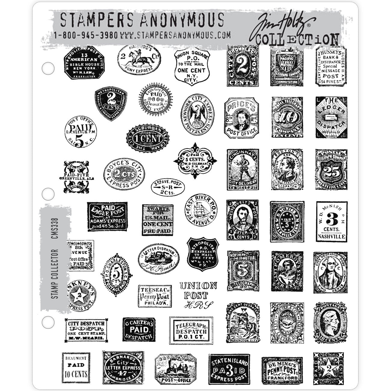 Stamp Collector ... 49 (forty nine) cling mounted rubber stamps by Tim Holtz (CMS338). This set of Tim's is full of vintage imagery of postage stamps and labels