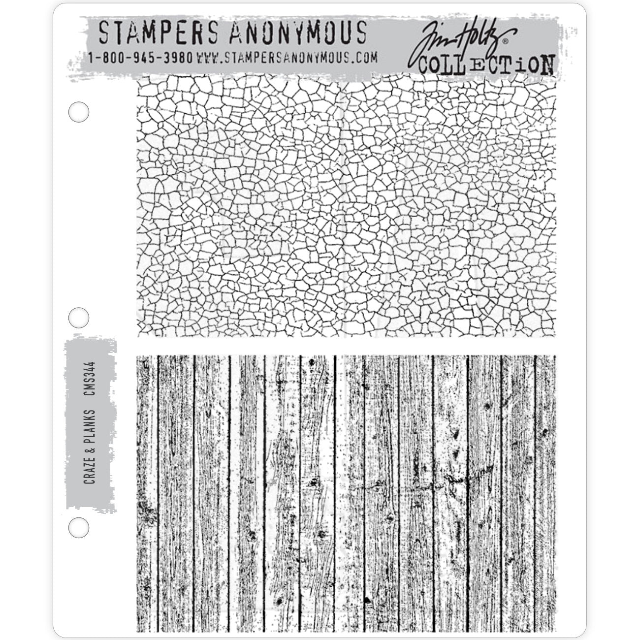Craze and Planks ... rubber stamps by Tim Holtz and Stampers Anonymous (CMS344). 2 (two) large designs. This versatile pair of background stamps are fantastic to use for junk journaling, scrapbooking, printed papermaking and other paper crafting stamping projects. One stamp features realistic texture and look of timber slats or wood panels, the other stamps features a crazed crackled pattern of tiny sharp shapes and fine lines. Sizes (approx) : each is 6" x 4".