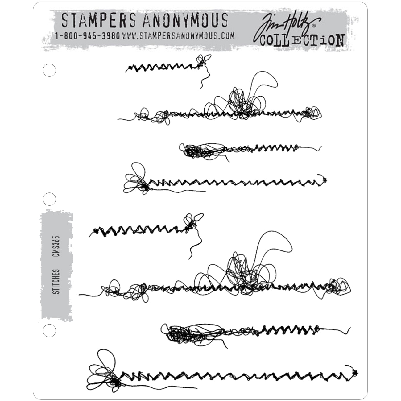 Stitches ... stamps by Tim Holtz and Stampers Anonymous (cms365). 8 (eight) designs featuring knotted and sewn rows of zigzag stitching. Imagine sewing zigzag borders and edges on your cards, pages and artwork without knotting up the threads in the sewing machine! Stamp them instead. Featuring 8 borders or strips of different lengths and knottedness to use on their own or with other designs. Although they appear as simply scribbles, these are designed with purpose using intricate details by Tim.