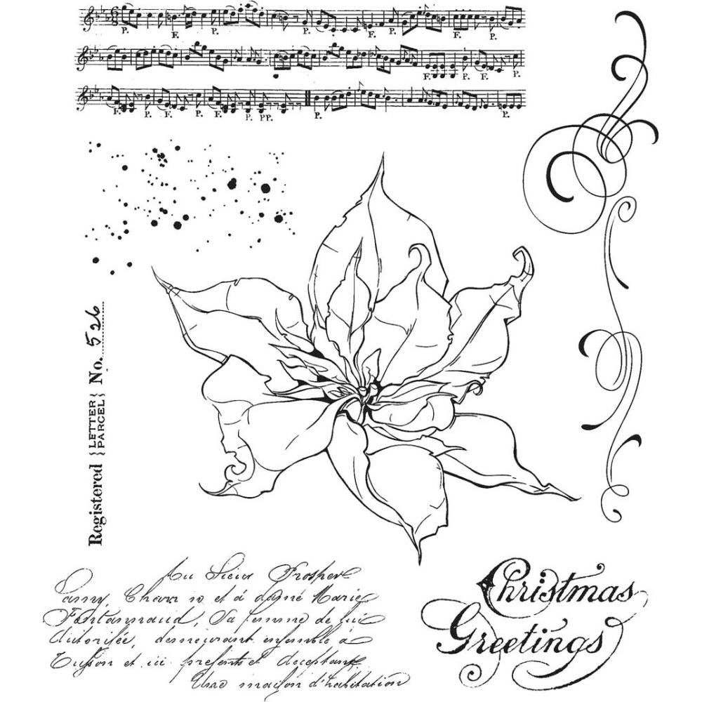 The Poinsettia ... rubber stamps by Tim Holtz and Stampers Anonymous (CMS426). 7 (seven) designs.   A beautiful poinsettia with musical background piece, scrollwork, script, writing and other wonderful stamps for the festive season.  We have a small poinsettia tree in the garden, its not big but it flowers a few times a year so I figure we can use it for birthdays and other occasions too, its such a beautiful plant!