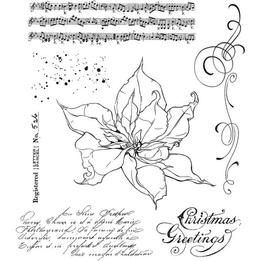 The Poinsettia ... rubber stamps by Tim Holtz and Stampers Anonymous (CMS426). 7 (seven) designs. A beautiful poinsettia with musical background piece, scrollwork, script, writing and other wonderful stamps for the festive season. We have a small poinsettia tree in the garden, its not big but it flowers a few times a year so I figure we can use it for birthdays and other occasions too, its such a beautiful plant!