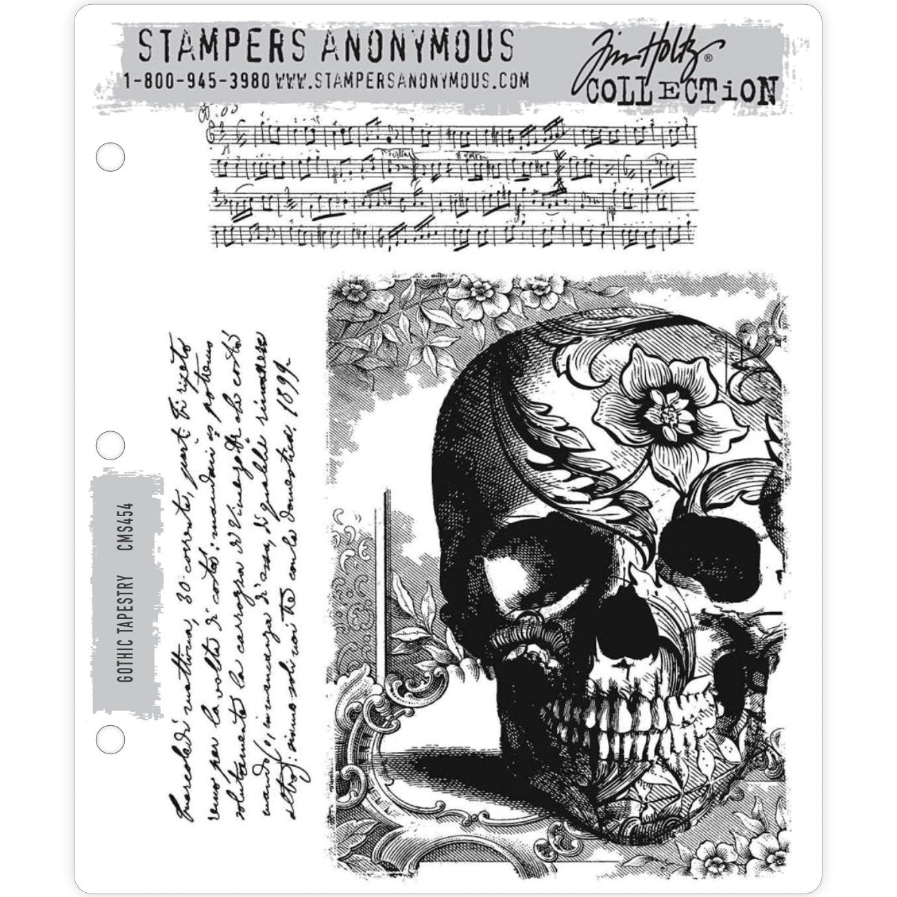 Gothic Tapestry ... stamp set by Tim Holtz and Stampers Anonymous - 3 (three) cling mounted rubber stamps (CMS454). Add this beautifully decorated large skull to your art this Halloween ... with this amazing skull are two long stamps. One is sheet music and the other is a handwritten paragraph of beautiful writing.