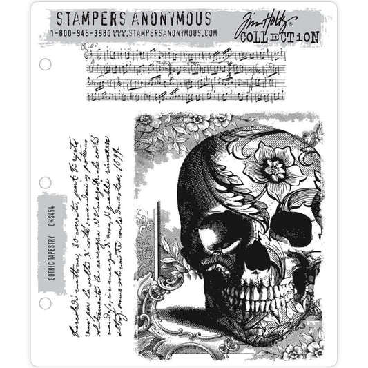 Gothic Tapestry ... stamp set by Tim Holtz and Stampers Anonymous - 3 (three) cling mounted rubber stamps (CMS454).   Add this beautifully decorated large skull to your art this Halloween ... with this amazing skull are two long stamps. One is sheet music and the other is a handwritten paragraph of beautiful writing.