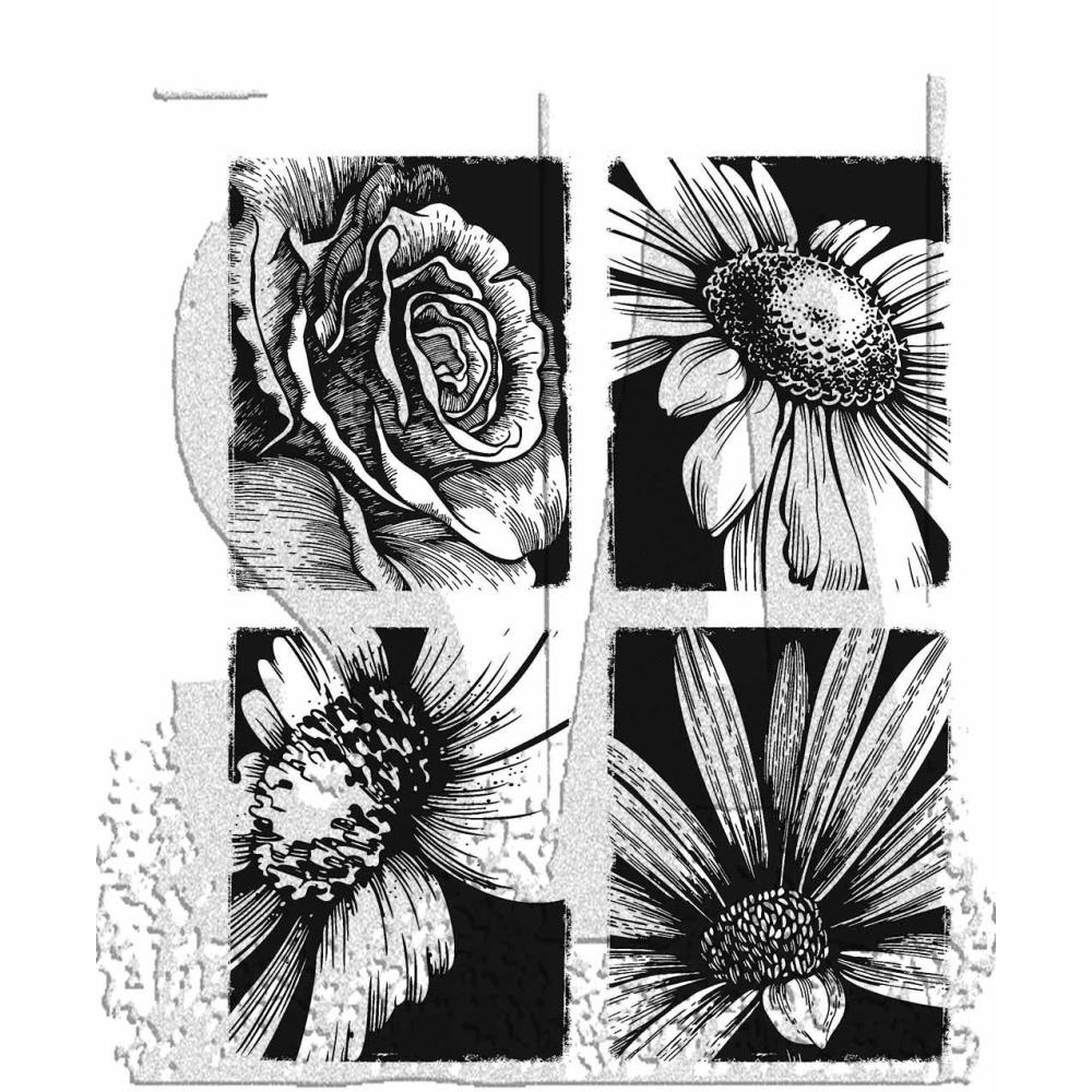 Bold Botanicals ... by Tim Holtz and Stampers Anonymous (cms462). 4 (four) stunning floral red rubber stamps for mixed media, journaling, visual arts and papercrafts. This set of Tim Holtz stamps features 4 (four) beautiful closeup engraving style illustrations of flowers - rose, daisy, echinacea (or they could be flanel flower, gerbera, dandelion, anenome).