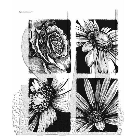Bold Botanicals ... by Tim Holtz and Stampers Anonymous (cms462). 4 (four) stunning floral red rubber stamps for mixed media, journaling, visual arts and papercrafts.   This set of Tim Holtz stamps features 4 (four) beautiful closeup engraving style illustrations of flowers - rose, daisy, echinacea (or they could be flanel flower, gerbera, dandelion, anenome).