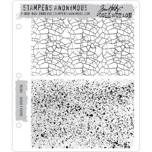 Cracks and Specks cling foam mounted rubber stamps by Tim Holtz and Stampers Anonymous (CMS186). 2 (two) large designs. This versatile pair of background and texture stamps with realistic cracks and speckles are fantastic to use for junk journaling, scrapbooking, printed papermaking and other paper craft stamping pursuits. One stamp features splatters and spots as if from a spray bottle, and one features cracked lines over the whole surface. Sizes (approx) : each is 6" x 4".