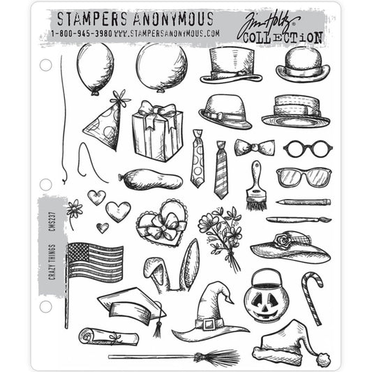 Crazy Things ... rubber stamps by Tim Holtz and Stampers Anonymous (CMS237). 33 (thirty three) designs. Accessories and items to compliment all the stamped friends, Idea-Ology people, crazy birds, cats and dogs, snarky, squirrels, everyone! The set includes hats, balloons, ties, glasses, tools, a flag, broom, scroll, hearts, strings, brushes, pumpkin basket and accessories and items to compliment all the crazy stamped and Idea-Ology people and critters of our world. Have fun!