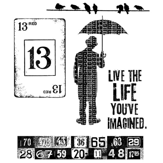Creative Muse ... cling foam mounted red rubber stamp set by Tim Holtz and Stampers Anonymous (cms046). Set of 5 (five) designs. This fantastic rubber stamp set includes Tim's iconic man with the umbrella, birds sittting about on a wire, blocks of numbers in an industrial style, no.13 playing card and the wise old quote "Life the life you've imagined".