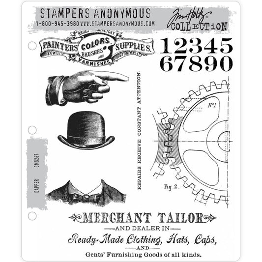 Dapper ... rubber stamps by Tim Holtz and Stampers Anonymous (cms267). 7 (seven) designs. This collection features images perfect for the gentleman in your life. Numerals, hand pointing, blueprint of cogs, merchant tailor advert and the portrait of an invisible man (wearing a suit, tie and bowler hat). Hat and shoulders together measures approx 2 5/8" x 3 1/8", gear image is 2 5/8" x 4 1/4".