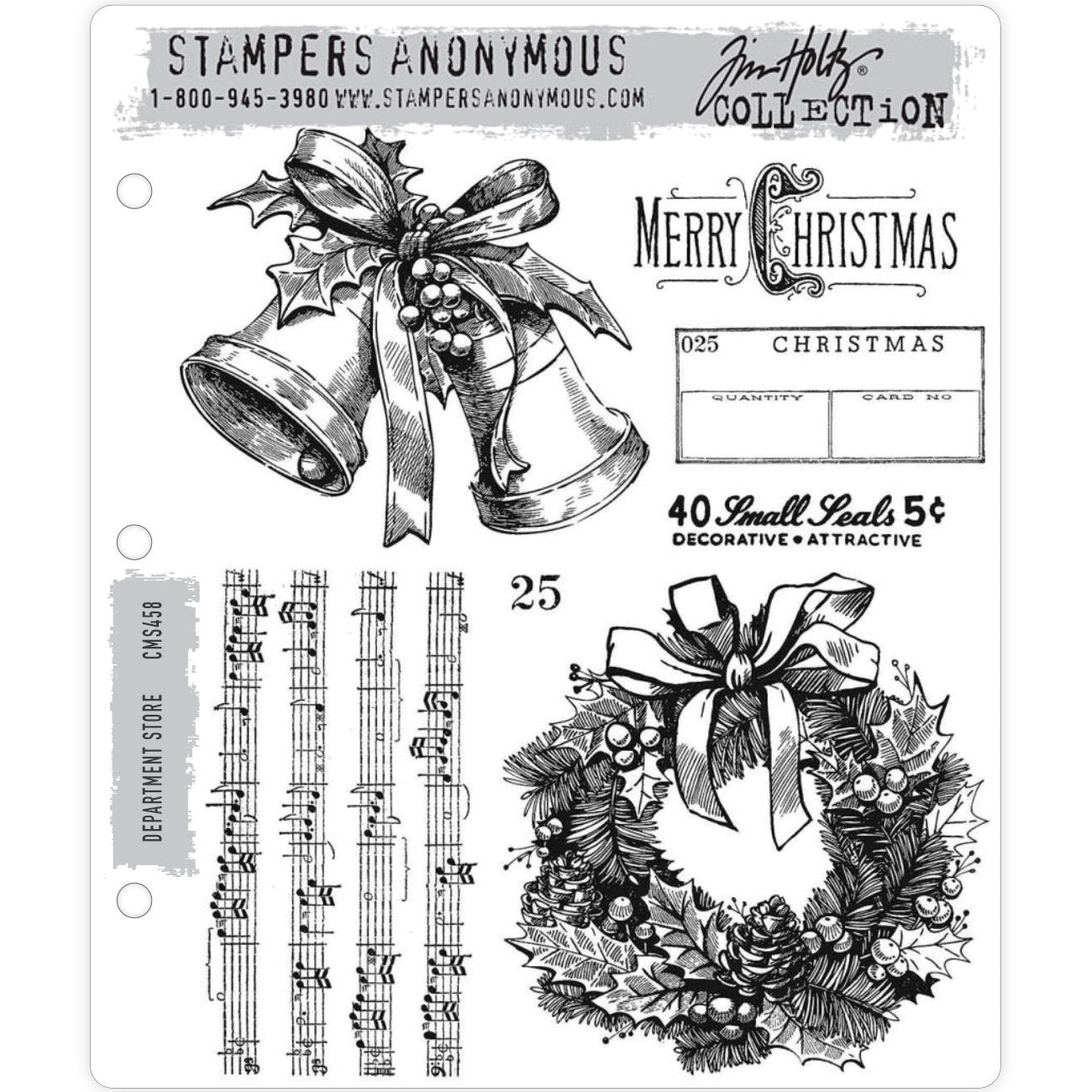 Department Store ... by Tim Holtz, made by Stampers Anonymous (CMS458). Set of 7 (seven) cling mounted red rubber stamps. A set of beautiful vintage engravings of scenes and messages, perfect for Christmas cards, tags, journaling, scrapbooking, memory keeping, planners and other festive projects. Featuring a few rows of sheet music, beautiful wreath, pair of bells, labels and more.