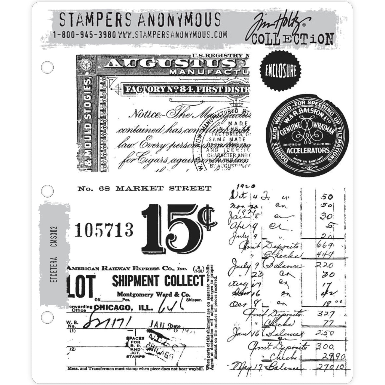 Etcetera ... rubber stamps by Tim Holtz and Stampers Anonymous (CMS302). 8 (eight) designs. This versatile vintage collection of mixed ledger notes and labels.