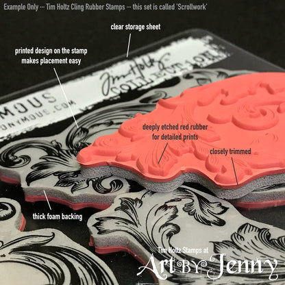 close up photograph of Tim Holtz red rubber stamp set with detailed notes showing an example.