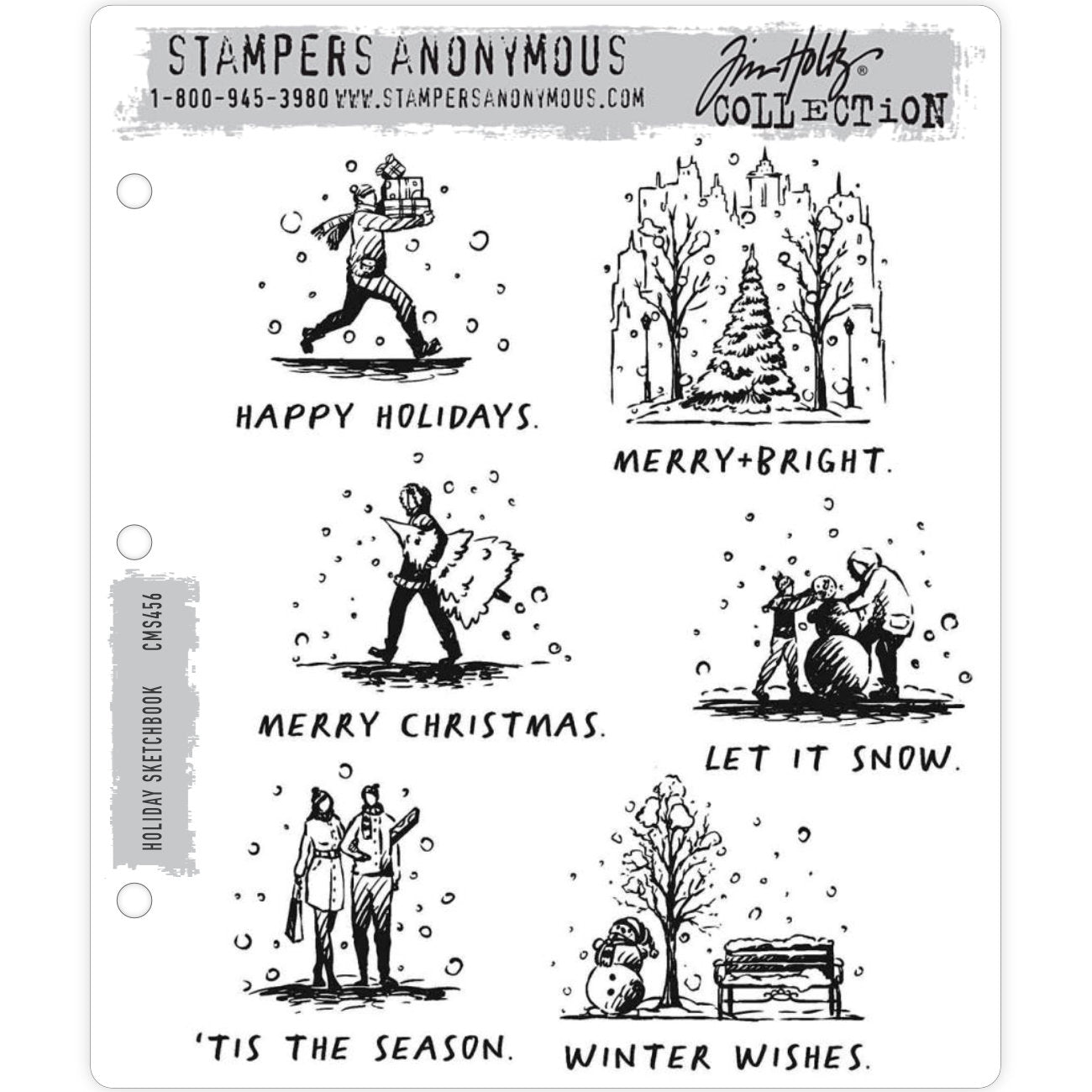Holiday Sketchbook ... by Tim Holtz, made by Stampers Anonymous (CMS456). Set of 12 (twelve) cling mounted red rubber stamps. A set of beautiful vintage hand drawn engravings of scenes and messages, perfect for Christmas cards, tags, journaling, scrapbooking, memory keeping, planners and other festive projects.