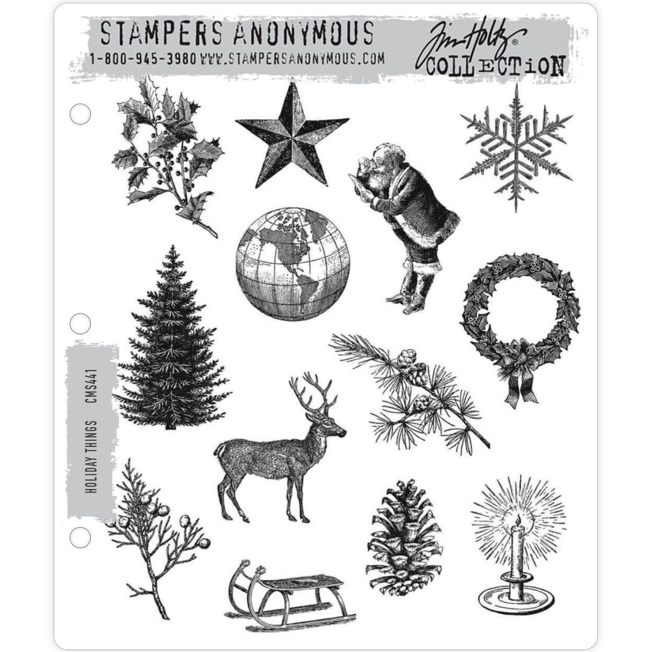 Holiday Things by Tim Holtz ... 13 (thirteen) rubber stamps made by Stampers Anonymous (CMS441). Wonderful set of vintage engravings styled Christmas stamps.