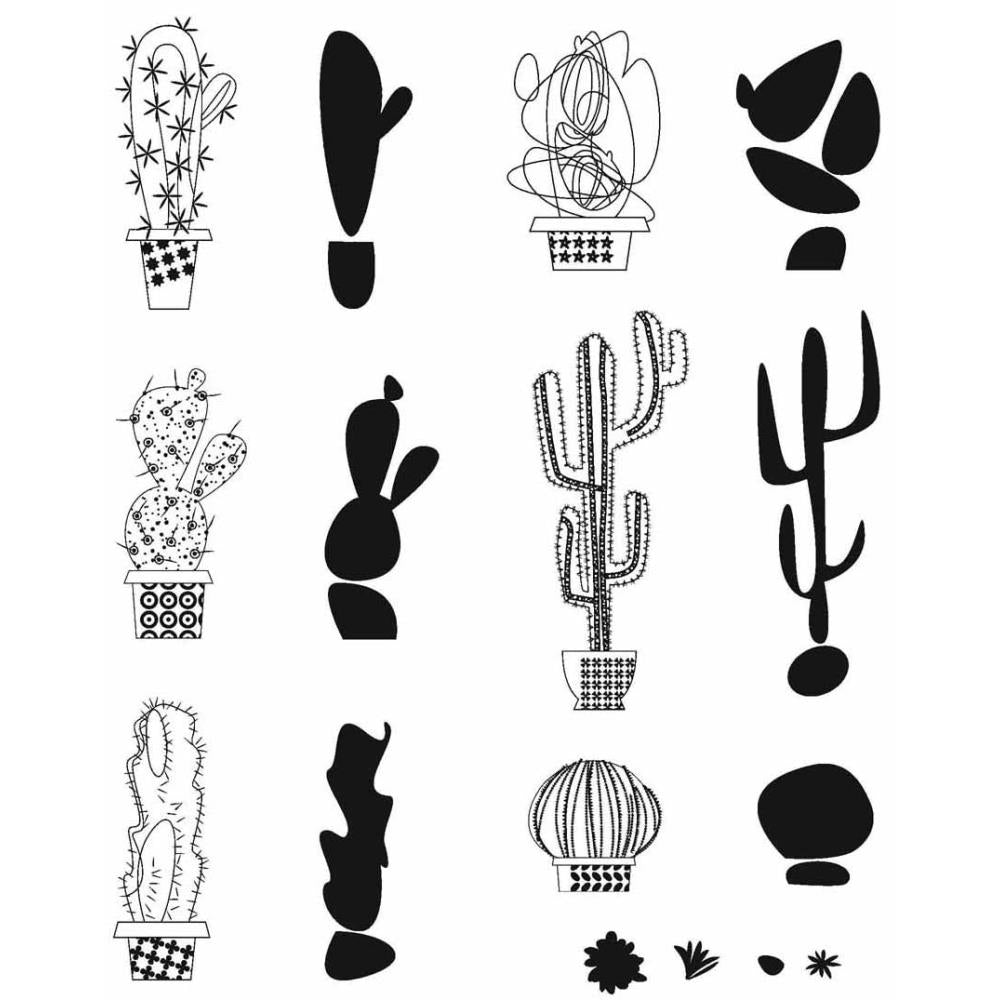 Mod Cactus ... rubber stamps by Tim Holtz (CMS431). 12 (twelve) wonderfully styled cactus stamps plus flowers.  This set of 6 finely drawn cactus, each in plant pots of different sizes and patterns with complimenting stylish shaped shadows (for shadows or colouring areas in a retro fashion). Or using the shadows as another cactus and adding your own outlines, thorns, flowers and patterns. No rules! Just enjoy :)   Also in this set are 2 little stamps of cactus flowers in the similar layered style.