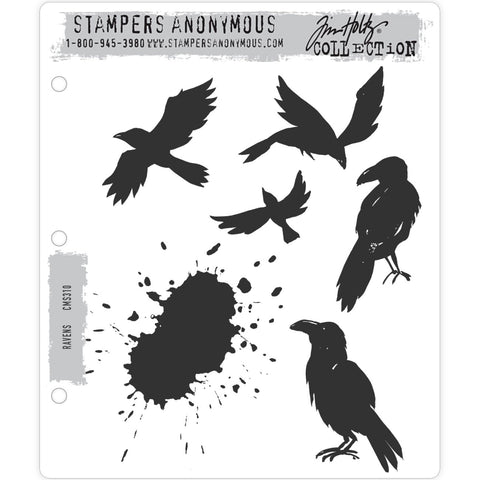 Ravens ... rubber stamps by Tim Holtz and Stampers Anonymous - a set of 5 bird silhouettes and 1 fabulous ink splat (cms310).  These beautifully drawn silhouettes of ravens (or birds or crows) will make a fantastic addition to any artwork, mixed media art, greeting card for halloween, scrapbook page or craft project. Birds aren't just for halloween, they're for all year round :)  Sizes (approx) : Standing raven (lower right) is 2 1/16" x 2 13/16", splatter measures 3 5/8" x 4".