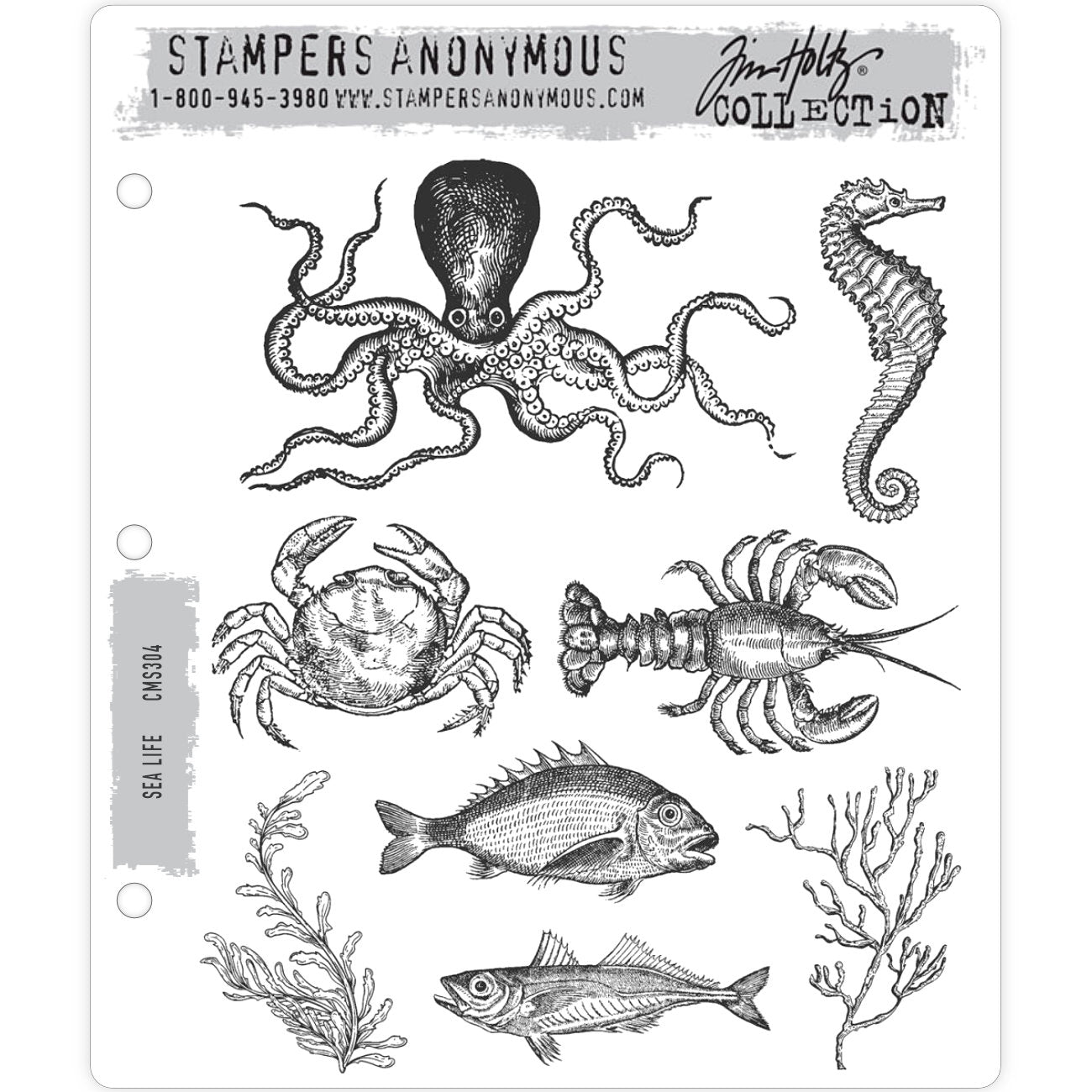 Sea Life ... red rubber cling mounted stamps by Tim Holtz and Stampers Anonymous. 8 (eight) designs featuring an octopus, seahorse, crab, lobster, two fix and two ocean growing plants (cms304).
The underwater world is fascinating and full of life, both big and tiny. This stamp set by Tim Holtz includes eight stamps - seaweed, coral, an octopus, seahorse, crab, lobster (or crayfish), and 2 large ocean fish.