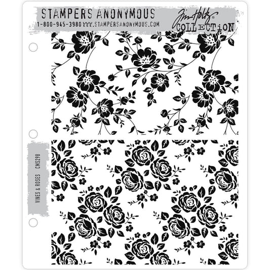 Vines and Roses ... 2 (two) large background stamps by Tim Holtz (CMS298).  Also called Roses and Vines. These two background stamps are beautiful, each featuring trailing and climbing roses. Background stamps are fantastic for simple backgrounds, filling patterns inside other shapes, adding texture to an area and more. Check out the pictures for details.  Sizes (approx) 6" x 4". 