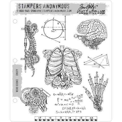Weird Science ... 9 (nine) rubber stamps by Tim Holtz and Stampers Anonymous (CMS379).   This unique collection of stamps features images with markings and reference points that a scientist or medical professional would love. Designs include a skeletal spine, the ol' grey matter aka Brain, measuring guides, boney hand, inner workings (cogs in bottom left) and other scientific imagery. 