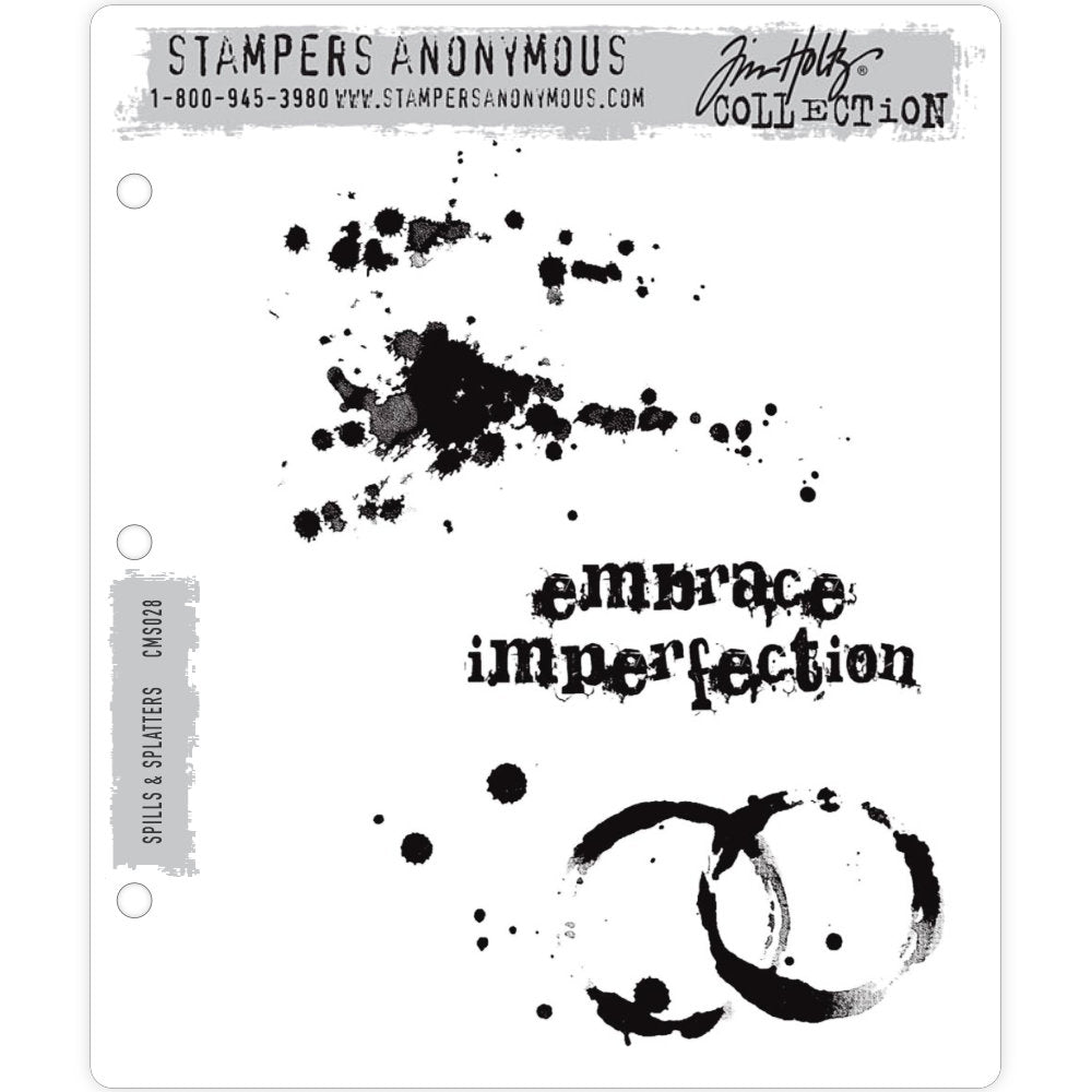 Spills and Splatters ... 3 (three) rubber stamps by Tim Holtz and Stampers Anonymous (CMS028). Spatters, inky rings and a  short phrase 'embrace imperfection'.  Embrace imperfection and add spills and spatters to your creation with these fabulous stamps from Tim.   Sizes (approx) : watermark rings are 2 1/4" x 4 1/2" wide (coffee stains or from a leaky ink bottle), the words are 1 1/4" high x 3 5/8" wide.
