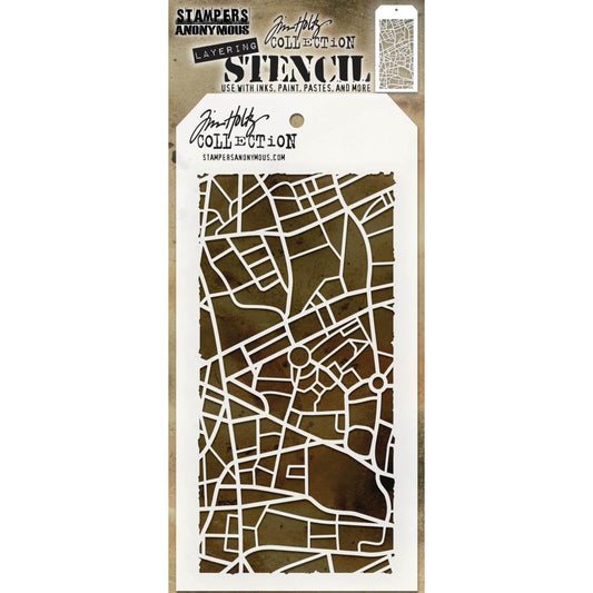 Metropolis ... layering stencil by Tim Holtz (THS156).  This design is is inspired by a city map, an overview of roads twisting, turning and winding all over the place!  Create layers of colour and texture using art stencils in fun versatile designs. Use this Tim Holtz stencil with a wide variety of art supplies including paints, pastels, markers, pencils, gesso, texture paste, mediums, modelling paste, pens, inks and more.