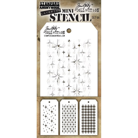 Tim Holtz Layering Mini Stencil - Set 44 - Sparkle Diamond-Dot Gingham . 3 stencils/masks, one of each design. This size stencil is a perfect fit for every day creativity. Use for holiday and travel diaries, art journaling, mixed media, cardmaking, scrapbooking, ATCs, tags, papercrafts, visual arts, any crafts at all.