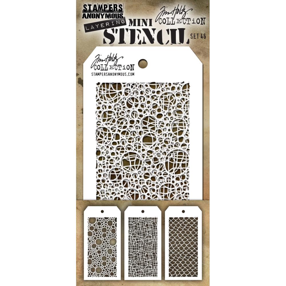Bubbles - Tangled - Scales ... Set no. 46 - Tim Holtz Layering Mini Stencils. Each stencil is 8cm x 16cm with a design space of approx 6cm x 12.5cm. Pack of 3, one of each design. Bubbles ... is a cool freshly frothed bucket of soap (viewed from above). It features circles and spots of all sizes joined together. Tangled ... features strands criss crossed and woven in and around each other. Scales ... features loosely drawn scallops that look like dragon scales