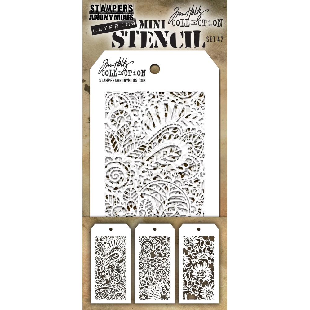 Doodle Art 1 - Doodle Art 2 - Bouquet ... Set no. 47 - Tim Holtz Layering Mini Stencils. Each stencil is 8cm x 16cm with a design space of approx 6cm x 12.5cm. Pack of 3, one of each design. Doodle Art 1 ... a gorgeous floral tangle, folk art style pattern, with paisley, leaves and flowers. Doodle Art 2 ... another gorgeous floral tangle, folk art style pattern, with paisley, leaves and flowers. Bouquet ... features the top view of a gorgeous bunch of flowers with large two-toned petals.