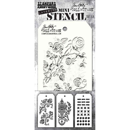 Set 53 - Mini Layering Stencils by Tim Holtz ... 3 (three) designs - Marked, Thorned, Crest. One of each, approx 8cm x 16cm in size. (MTS052) by Stampers Anonymous.  A beautiful set of three small stencils (8cm x 16cm tag), with organic brushstroke marks (Markings), beautiful bouquet of flowers in an urn with garland (Crest), and gorgeous pair of thorny rose branches (Thorned).
