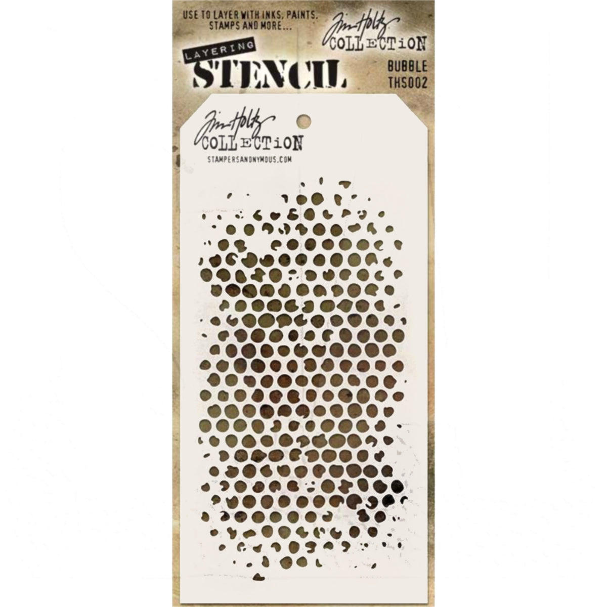 Bubble ... layering stencil by Tim Holtz (THS002). Varied sized holes, circles, bubbles, spots or dots (so many words for little round discs!) covering the background, with a rugged grunge style. Create layers of colour and texture using this stencil with a wide variety of art supplies - paints, pastels, markers, pencils, gesso, texture paste, mediums and other art and craft materials.