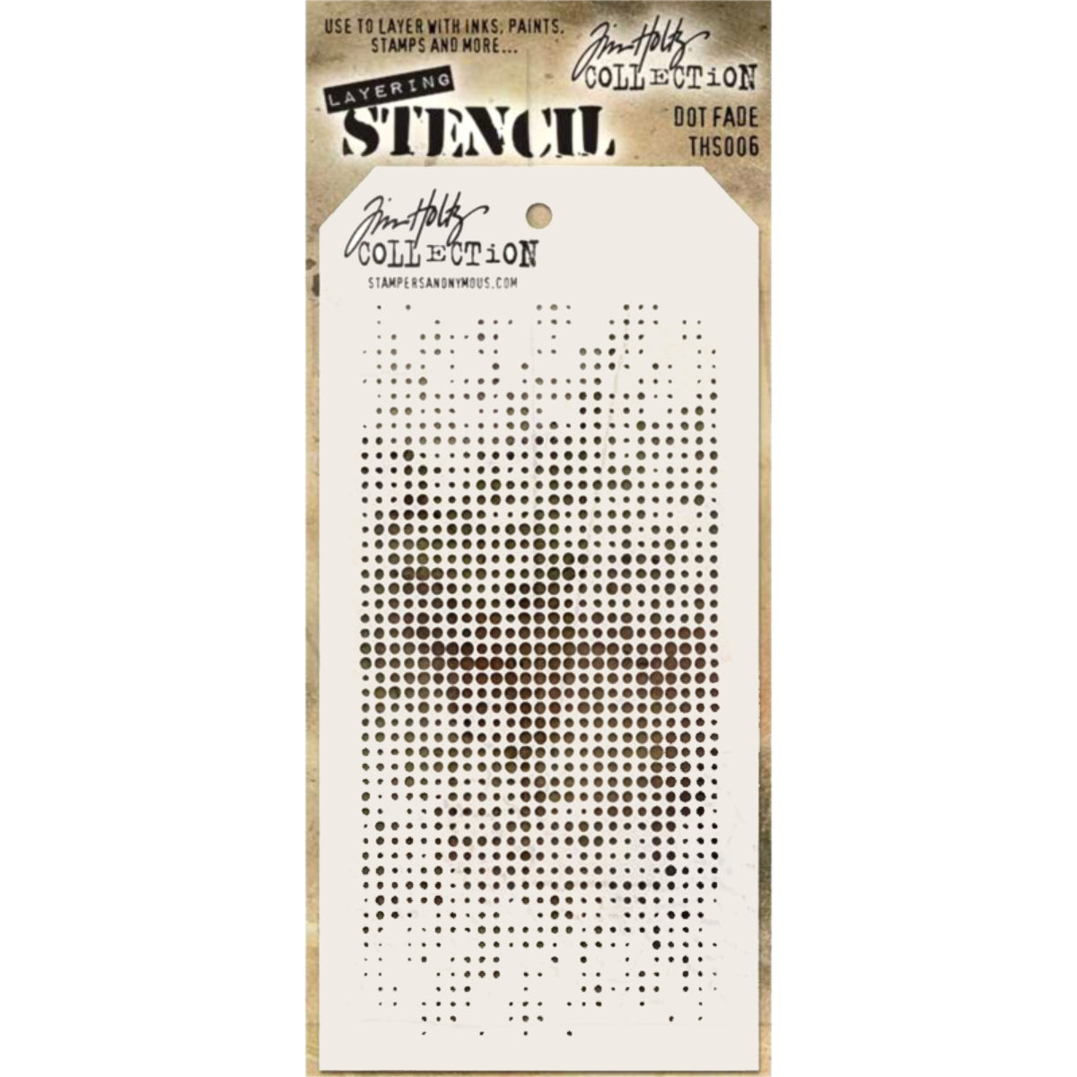 Dot Fade ... layering stencil by Tim Holtz (THS006) . Stencil size: 4" x 8 1/2". This fab Tim Holtz layering stencil features the a fairly uniform pattern of dots that vary in size from tiny in the upper and lower sides into the larger spots in the middle. The largest holes are approx 2mm wide. Create layers of colour and texture using this stencil with a wide variety of art supplies - paints, pastels, markers, pencils, gesso, texture paste