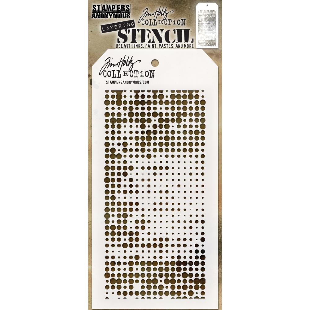 Halftone ... layering stencil by Tim Holtz (THS144). 
A wonderfully versatile stencil for adding texture and interest into the background or areas of artwork. This stencil gives the illusion of a halftone screen, with holes, dots, spots and circles in various sizes, scattered (neatly in rows) over the whole stencil area. Stencil size: 4" x 8 1/2".