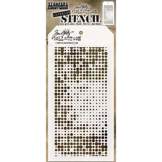 Halftone ... layering stencil by Tim Holtz (THS144). 
A wonderfully versatile stencil for adding texture and interest into the background or areas of artwork. This stencil gives the illusion of a halftone screen, with holes, dots, spots and circles in various sizes, scattered (neatly in rows) over the whole stencil area. Stencil size: 4" x 8 1/2".