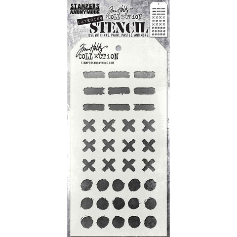 Markings - Layering Stencil by Tim Holtz ... trio of organic brushstroke marks in dashes, crosses and spots. Made by Stampers Anonymous (THS160), tag is approx 4" x 8 1/2" in size.