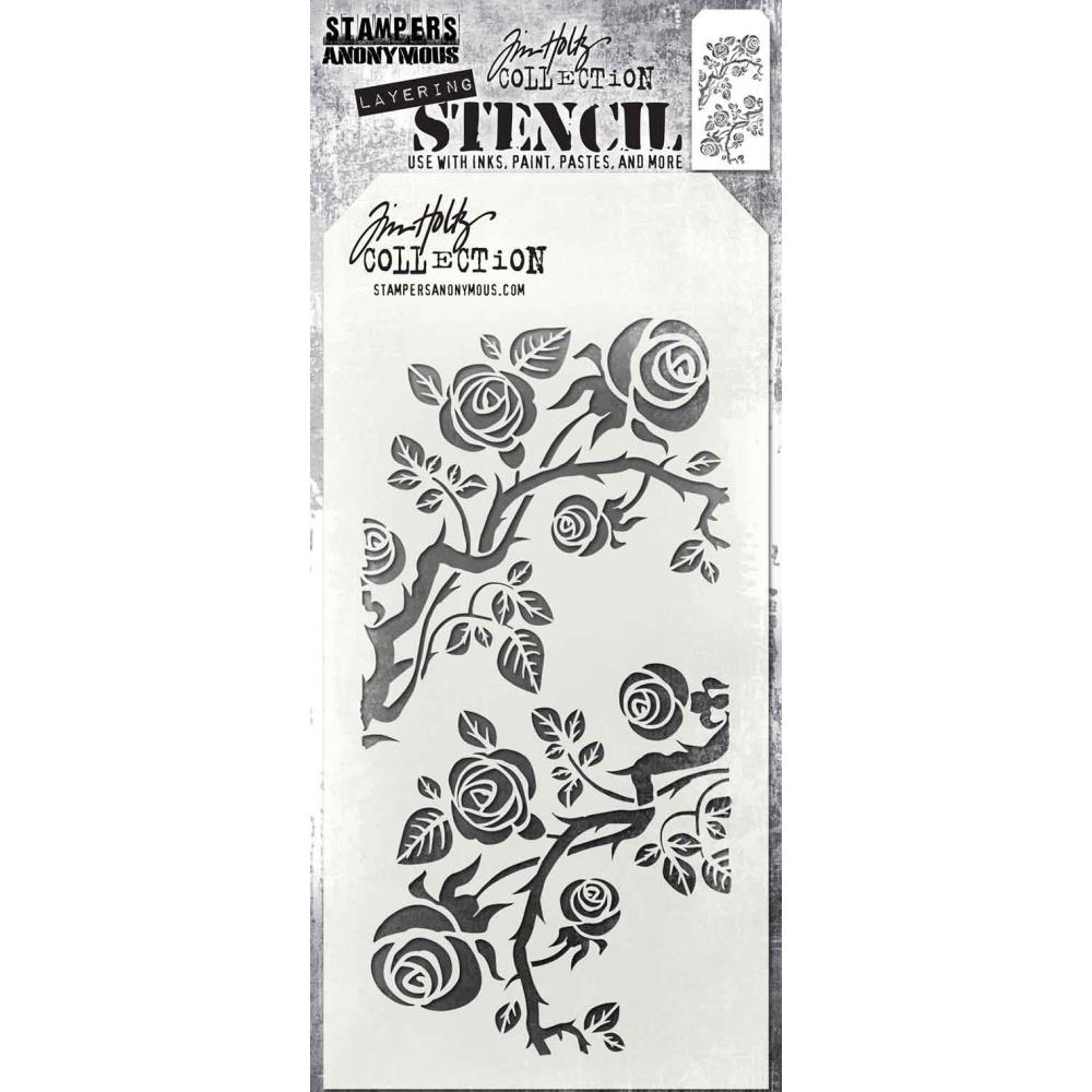 Thorned - Layering Stencil by Tim Holtz ... rose branches with leaves and thorns. Made by Stampers Anonymous (THS162), tag is approx 4" x 8 1/2" in size.