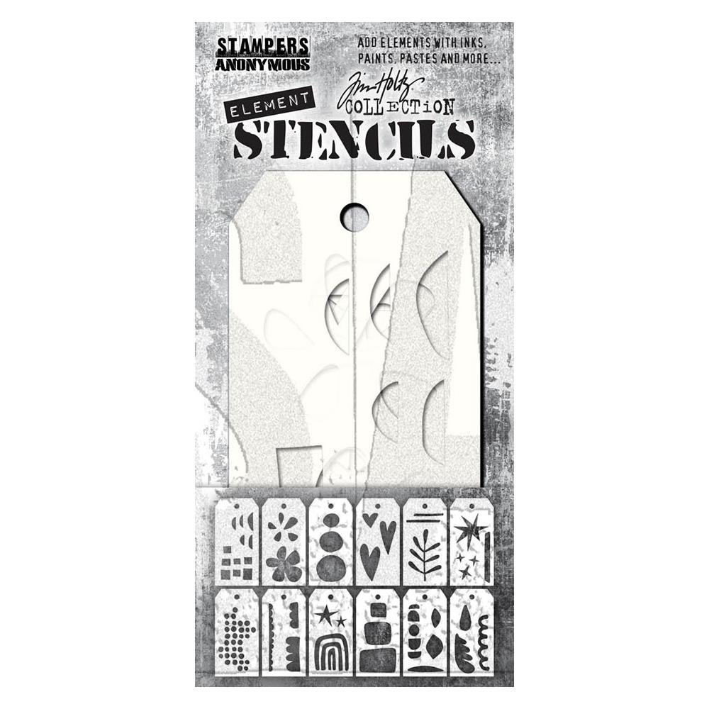 Everyday Art - Elements Layering Stencils by Tim Holtz ... 12 (twelve) stencils, each approx 2 3/8" x 4 3/4" (6cm x 12cm) in size, and featuring various abstract patterns and shapes for all kinds of creative making (THEST004).