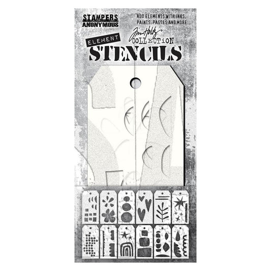 Everyday Art - Elements Layering Stencils by Tim Holtz ... 12 (twelve) stencils, each approx 2 3/8" x 4 3/4" (6cm x 12cm) in size, and featuring various abstract patterns and shapes for all kinds of creative making (THEST004).