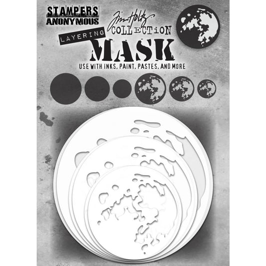 Moons - Layering Mask and Stencil Set ... by Tim Holtz and Stampers Anonymous (thmsk01). Stencil Masks for mixed media and visual arts shapes to add patterns and layers using your favourite creative mediums. Set includes 6 (six) round pieces - 2 (two) designs (solid and cutout) in 3 (three) sizes 56mm, 75mm and 94mm wide. Perfect to paint or decorate moons, planets, circles, abstract spots onto papercrafts, journals, cards, scrapbooking and visual arts.