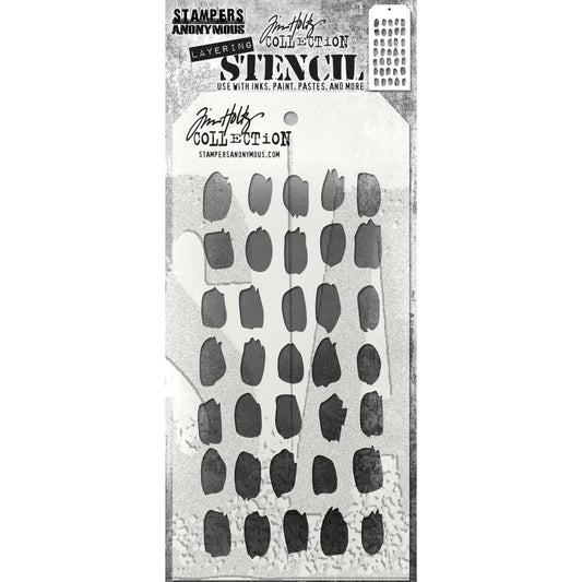 Brush Mark - Layering Stencil by Tim Holtz ... organic inky splotches. Made by Stampers Anonymous (THS167), tag is approx 4" x 8 1/2" in size.  This fantastic versatile pattern is great for backgrounds, filling areas with inky marks, adding splotches, making marks with a brush, creating palette swatches.