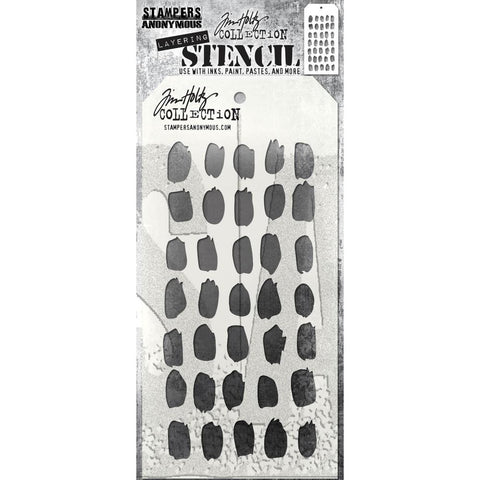 Brush Mark - Layering Stencil by Tim Holtz ... organic inky splotches. Made by Stampers Anonymous (THS167), tag is approx 4" x 8 1/2" in size.  This fantastic versatile pattern is great for backgrounds, filling areas with inky marks, adding splotches, making marks with a brush, creating palette swatches. 