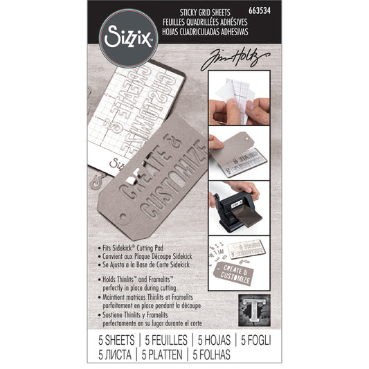 Small Sticky Grid Sheets - by Sizzix. Pack of 5 (five) pieces, each 2 1/2" x 4 1/4". Double sided low tack, temporary adhesive sheets. Reusable, versatile and long lasting.  Sizzix Sticky Grid Sheets are a double sided sheet with low tack temporary adhesive on each side. They are designed to hold die cutting templates like Thinlits and Framelits firmly in place, enabling you to cut out the same shape or word multiple times without the dies shifting while in use.