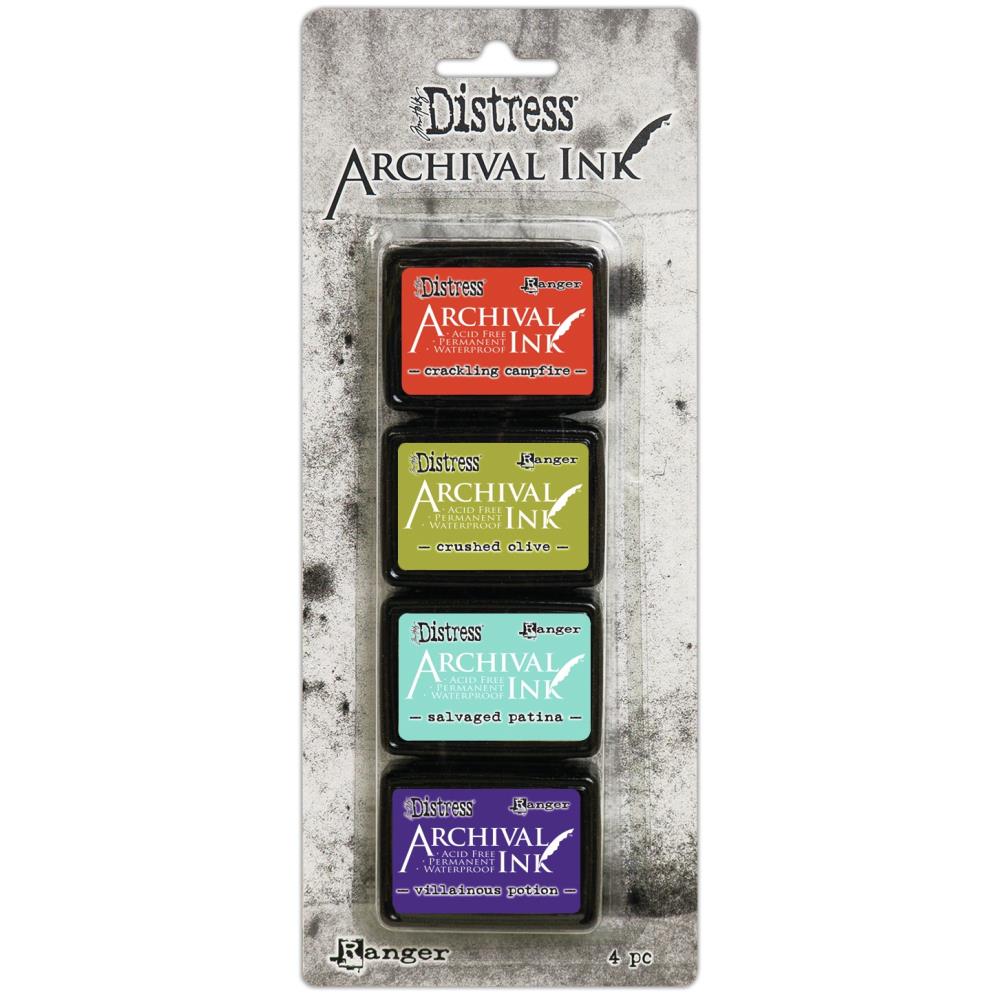 Kit 5 - Tim Holtz Distress Archival Mini Ink Pads ... by Ranger. Set of 4 (four) colours. Crackling Campfire, Crushed Olive, Salvaged Patina, Villainous Potion.