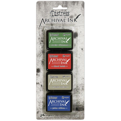 Kit 6 - Tim Holtz Distress Archival Mini Ink Pads ... by Ranger. Set of 4 (four) colours. Rustic Wilderness, Fired Brick, Frayed Burlap, Prize Ribbon.