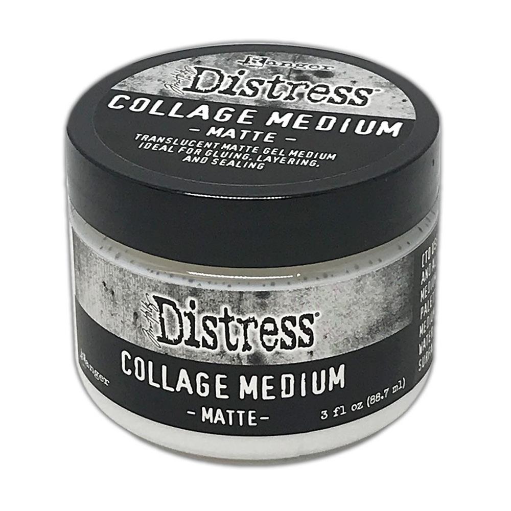 Collage Medium - Tim Holtz Distress, 3fl oz (88ml) jar. Made by Ranger. Gel adhesive, glue, sealer. Dries strong, permanent, flat, smooth, flexible and invisible. TDA79309. Tim Holtz Distress Collage Medium in Matte (smooth, flat, flexible, almost invisible once dry, transparent) is designed for adhering (gluing), base-coating in decoupage or collage, sealing artwork, layers, embellishments, surfaces and elements in all kinds of arts, crafts, collage, journaling, scrapbooking and mixed media projects.