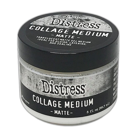 Collage Medium - Tim Holtz Distress, 3fl oz (88ml) jar. Made by Ranger. Gel adhesive, glue, sealer. Dries strong, permanent, flat, smooth, flexible and invisible. TDA79309.  Tim Holtz Distress Collage Medium in Matte (smooth, flat, flexible, almost invisible once dry, transparent) is designed for adhering (gluing), base-coating in decoupage or collage, sealing artwork, layers, embellishments, surfaces and elements in all kinds of arts, crafts, collage, journaling, scrapbooking and mixed media projects.