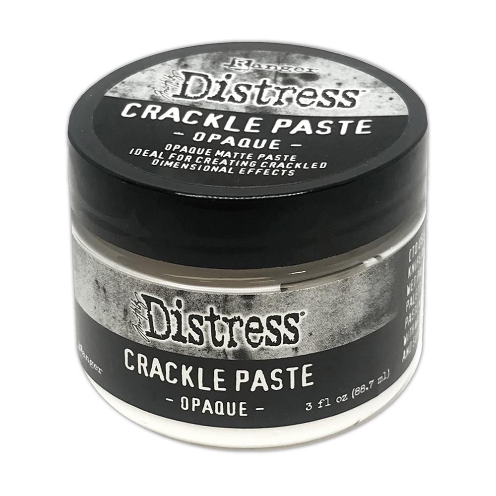 Crackle Paste, Opaque - Tim Holtz Distress 3D Dimensional Medium with crackly white coverage and matte finish, 3fl oz (88.7ml) jar. Made by Ranger. Tim Holtz Distress Crackle Texture Paste is a dimensional medium. It dries as you place it, with all the marks, peaks and effects you create plus a crackled crazy effect