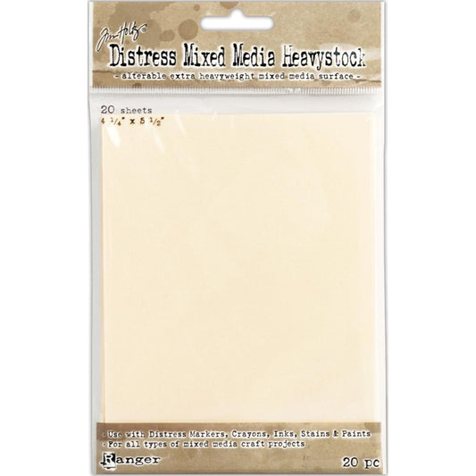 Mixed Media Heavystock - Cards ...  by Tim Holtz Distress ... Ready Cut Cards are made of a smooth durable 110 lb creamy coloured heavyweight cardstock, each 4 1/4" x 5 1/2" in size. Pack of 20 loose sheets, the perfect size for card fronts.
Tim's Distress Mixed Media Heavystock Paper is a creamy coloured heavyweight cardstock with a smooth matte surface which accepts all kinds of creativity and techniques in arts and crafts, both flat and dimensional.